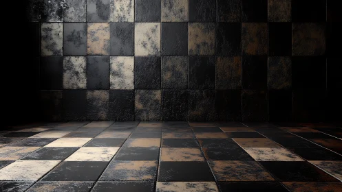 Dark industrial checkered room suggests moody showcase space