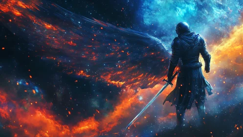 Winged cosmic guardian standing between fire and starlight.