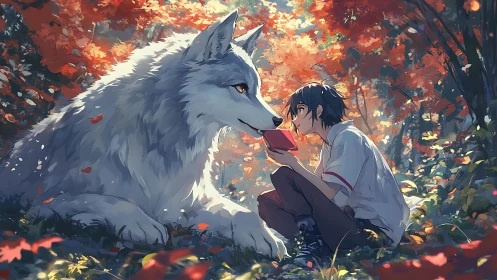 Boy shares red book with giant white wolf in forest scene