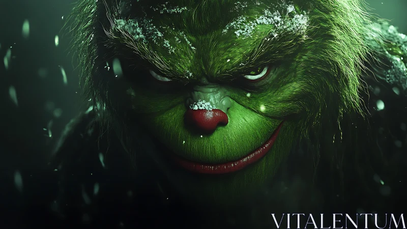 Green furry creature with red nose in close dark portrait.