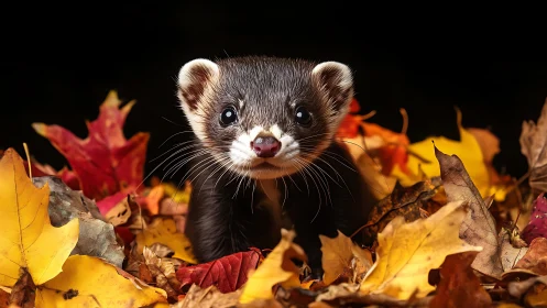 Curious ferret peers from bright autumn leaves in darkness.