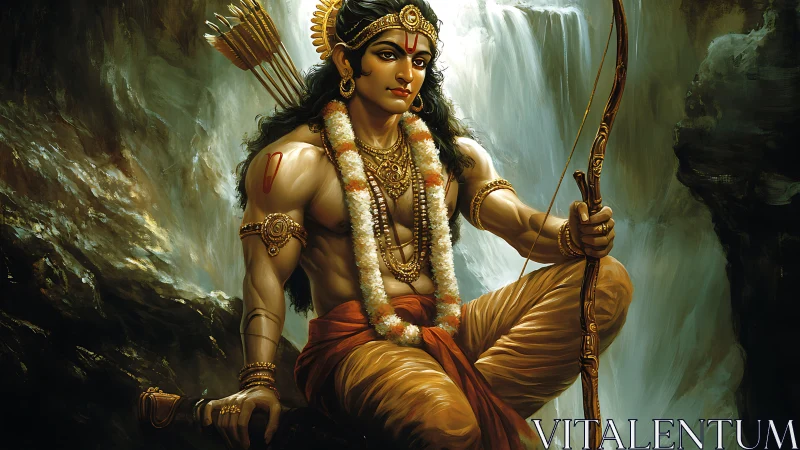 Serene warrior with bow resting by misty forest waterfall.