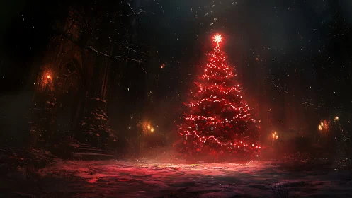 Enchanted crimson Christmas tree glowing in moonlit ruins.