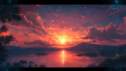 Spectral twilight over lacustrine horizon in anime rendering.