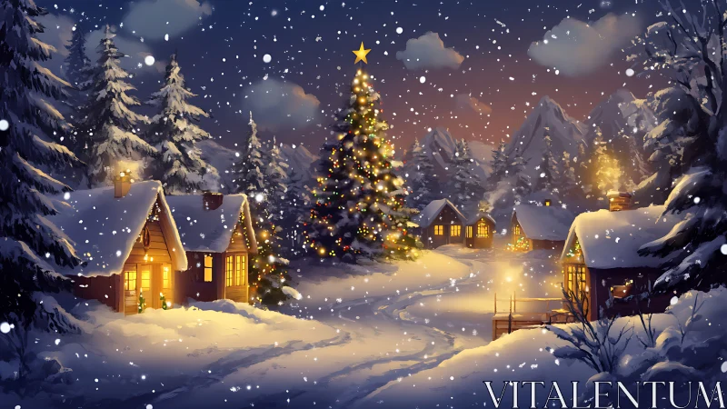 Illuminated alpine village under snowfall with decorated fir tree.