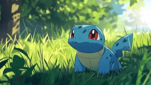 Blue reptile creature rests in sunlit forest clearing.