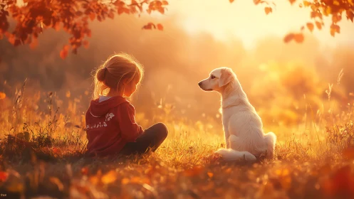 Girl and dog sitting in warm autumn sunset field scene.
