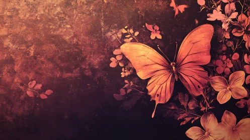 Copper-toned lepidopteran over floral grunge diffusion field.