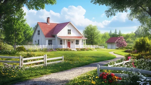 Pastoral farmhouse exterior in bright narrative digital painting.