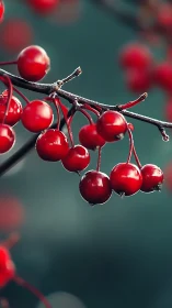 Red berry clusters hang on thin branches against soft blur