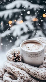 Winter mug cradles quiet warmth as snowdrifts blur the world