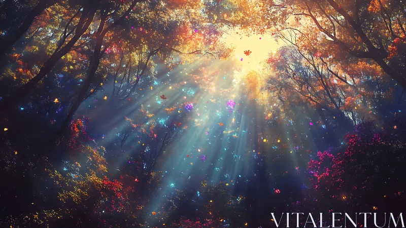 Sunlit forest canopy glows with drifting enchanted colors