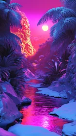 Neon tropic canyon with chromatic river under synth dusk.