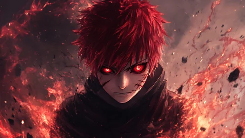 Ember-eyed warrior rising from swirling crimson flames.