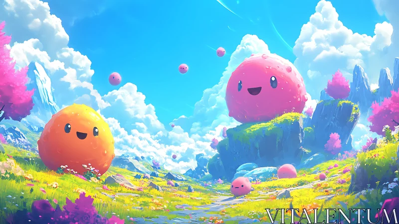 Chromatic orb-creatures in saturated valley bioscape.