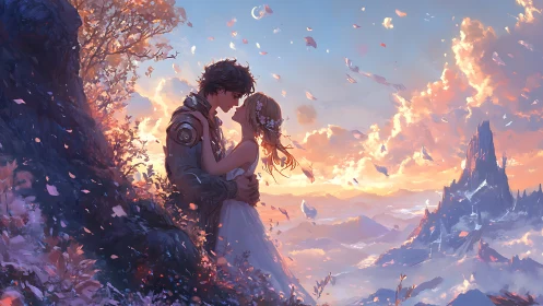 Couple embraces on cliff at sunset amid drifting petals
