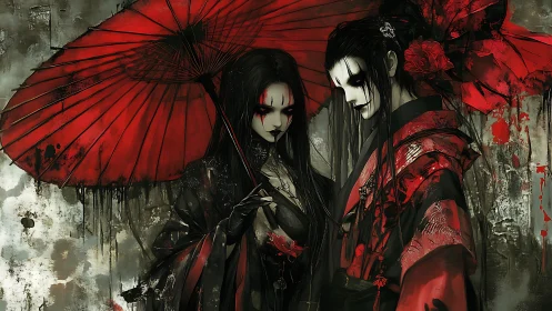 Dark geisha duo under red umbrellas in muted rain scene.