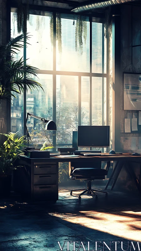 Sunlit industrial office desk with lush indoor greenery.