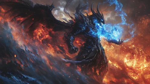 Elemental demon commands raging fire and spectral blue energy.