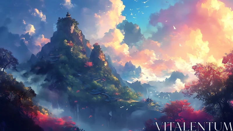 Mythic mountain sanctuary under luminous sunrise clouds.