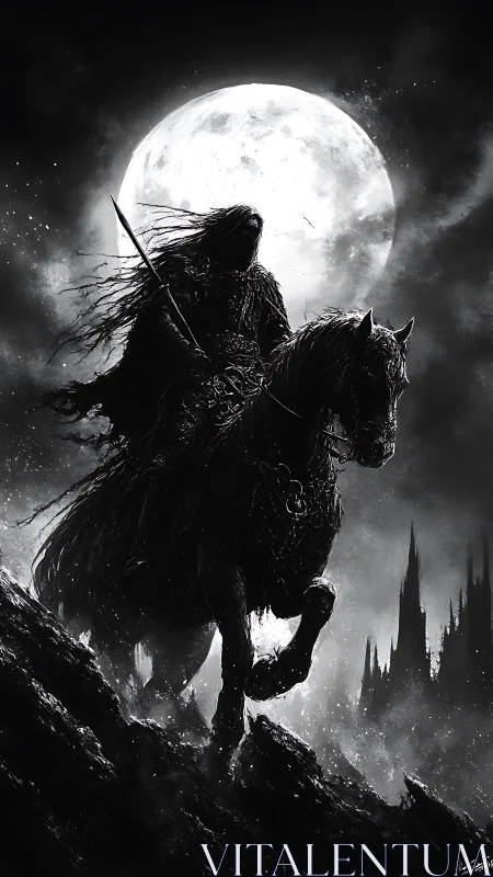 Cloaked rider on dark horse before full lunar backdrop.