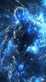 Cyborg figure with blue energy in abstract digital space.