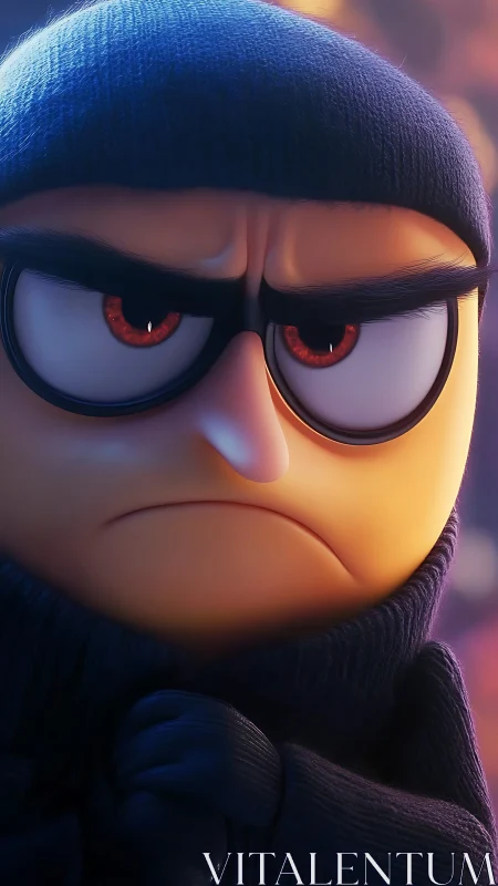 Grumpy cartoon burglar with a secretly soft heart.