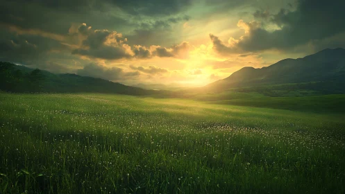 Sunlight diffuses over a grassy valley with distant hills