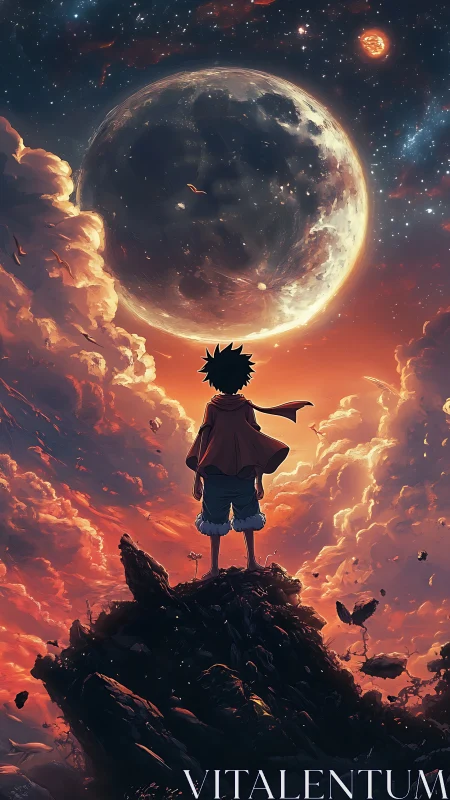 Celestial voyager silhouetted beneath colossal glowing moon.