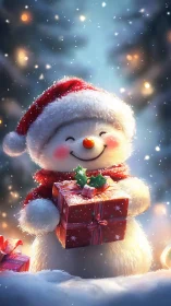 Smiling snowman holds red Christmas gift in soft snowfall