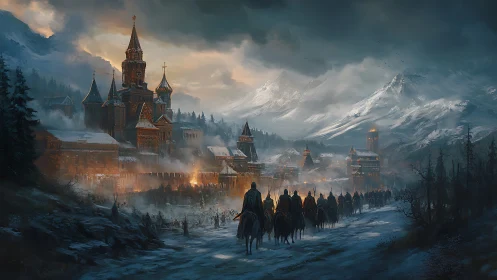 Medieval cavalry approaches fortified winter mountain city