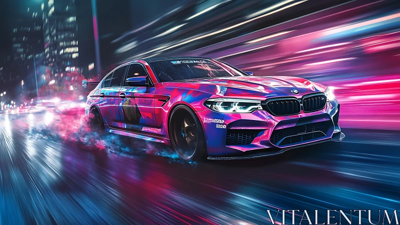 Neon-wrapped BMW sports sedan races through blurred city night