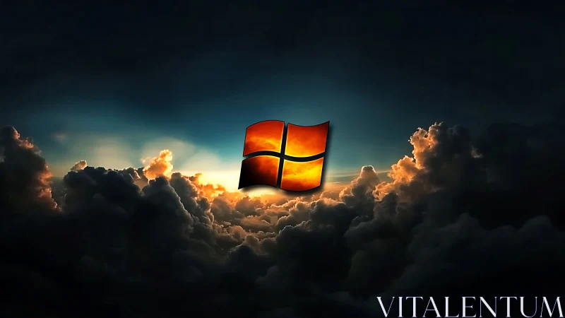 Windows logo over dark cloudscape with backlit sky scene.