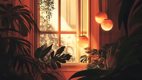 Sunlit window jungle with hanging globes and warm foliage glow.