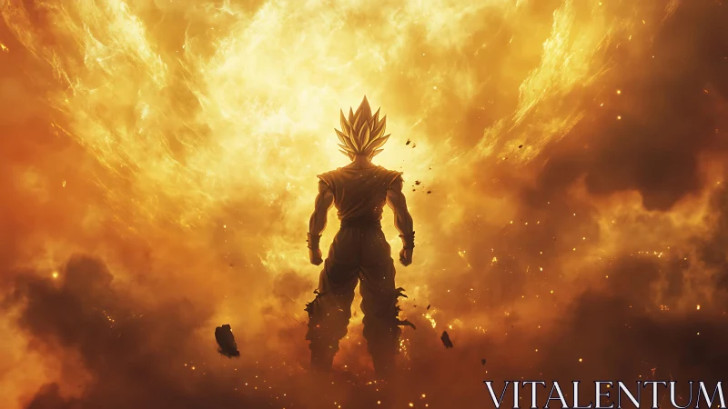 Solar storm warrior ignites within an inferno of golden fire.