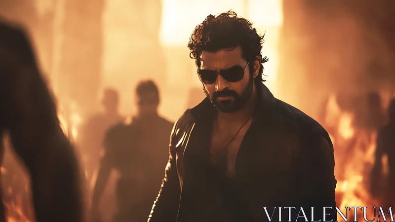 Cinematic hero portrait in blazing backlit inferno ambiance.