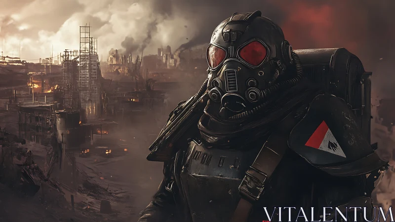 Armored wanderer stands vigilant in a burning wasteland