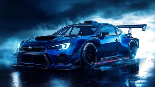 Electric blue race car glowing on a misty night track.