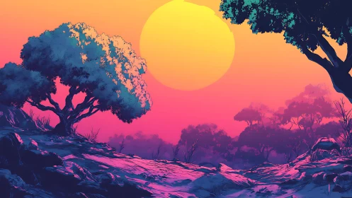 Neon twilight trees lean into a blazing candy-colored sun