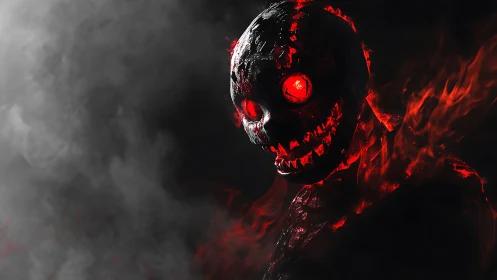 Fiery skull creature emerges from swirling shadows and smoke