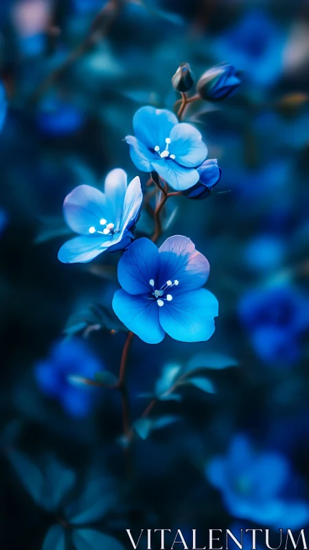 Delicate Blue Flowers in Soft Focus Evening Light.