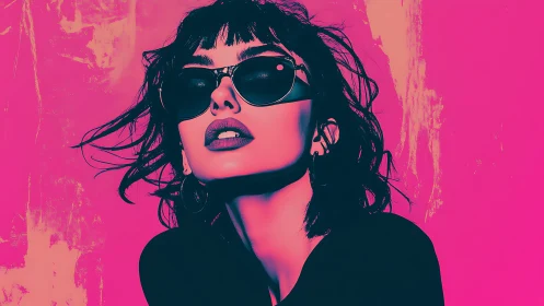 Chromatic portrait of sunglassed woman in neon duotone profile.