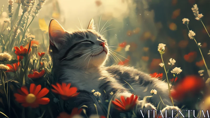 Serene Feline Meditation Among Wildflowers: Digital Landscape Art.