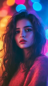 Soft neon glow around contemplative girl in cozy sweater.