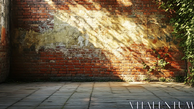Sunlit brick courtyard wall catches warm afternoon shadows