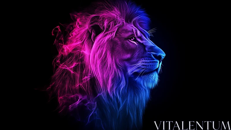 Neon mane monarch gazing through electric midnight hush.