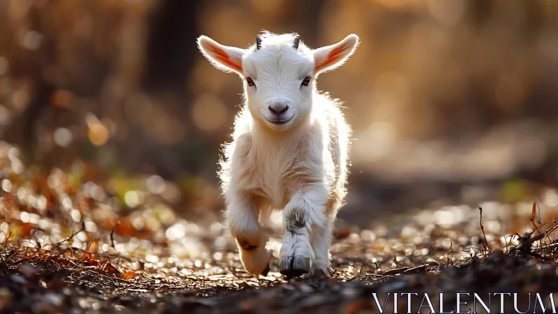 Backlit baby goat running on forest path with shallow depth
