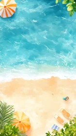 Top view digital illustration of quiet tropical beach scene.