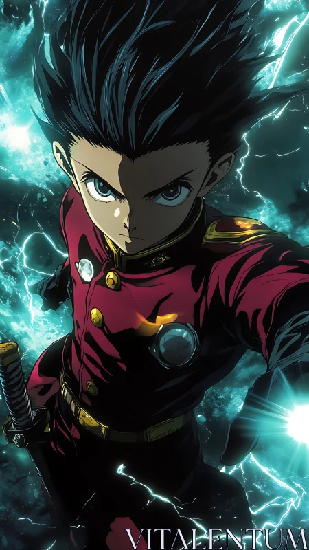 Electrified anime swordsman surges forward in dynamic perspective