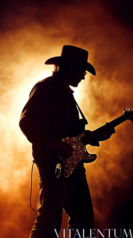 Cowboy guitarist silhouette cuts through blazing stage light